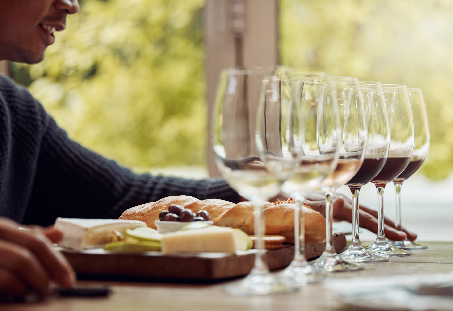 Wine tasting cheese platter luxury restaurant with alcohol glass customer eating drink sommelier with bottle wines food pairing fine dining winery experience